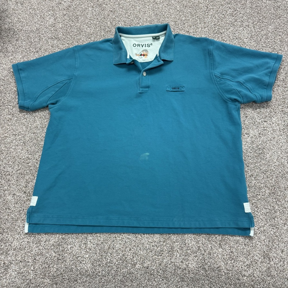 Orvis Polo Shirt Mens XL Blue Solid Knit Short Sleeve Fishing Casual Top
